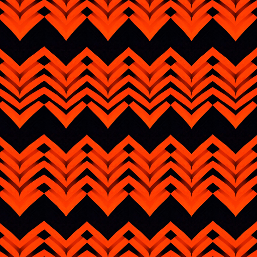 Generate an image of a repeating zigzag pattern with bold black and bright orange colors, using a DSLR camera with a 50mm lens, aperture set to f/8, ISO 100, shot from a top-down view, in high dynamic range (HDR) style for enhanced color vibrancy and detail.