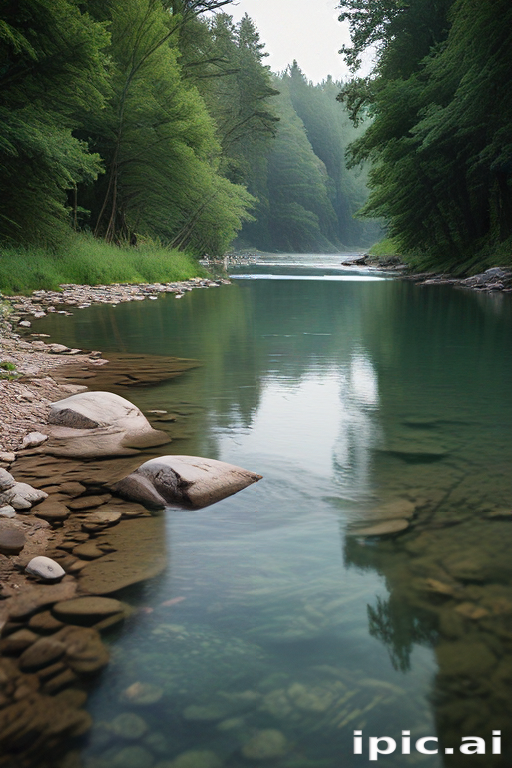 Tranquil River Scene Surrounded by Lush Green Forest and Still Waters