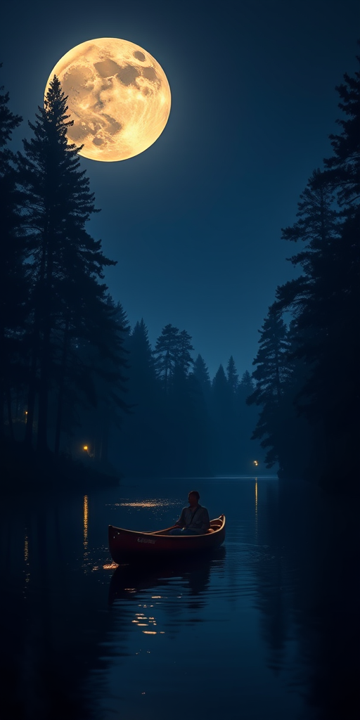 Create a serene night scene featuring a person in a canoe on a calm river illuminated by a large full moon, surrounded by towering pine trees and soft glowing reflections on the water, use a Canon EOS R5 with a 24-70mm lens, aperture f/2.8, ISO 800, and a long exposure of 10 seconds for smooth water texture.