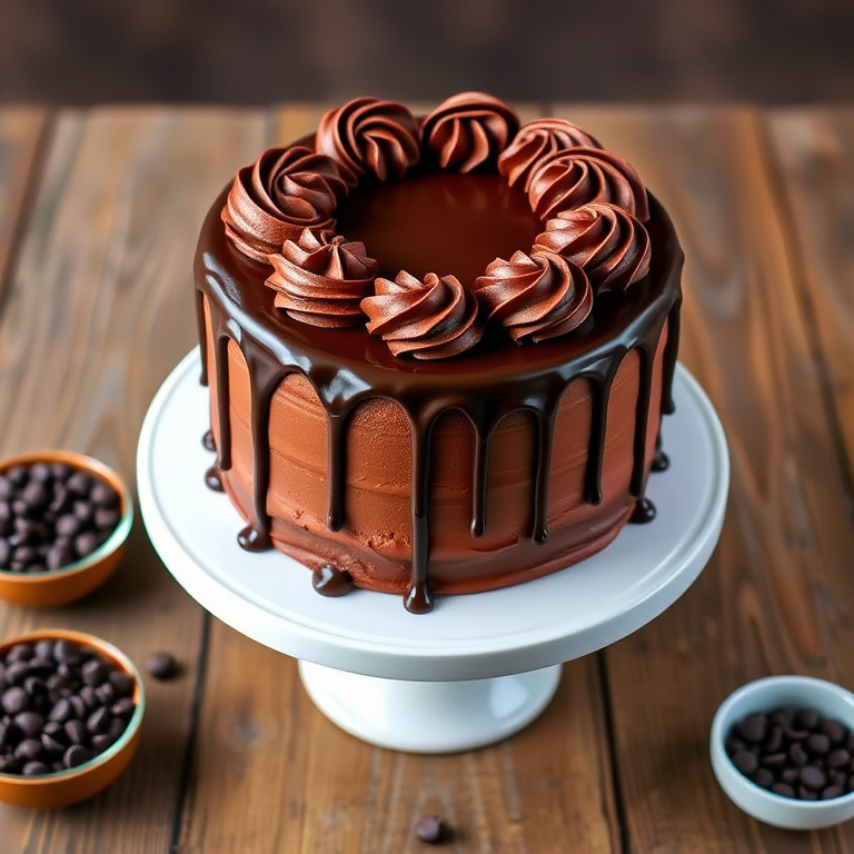 A beautifully decorated chocolate cake with rich chocolate frosting and elegant swirls on top, featuring a glossy chocolate drip cascading down the sides, displayed on a white cake stand, surrounded by small bowls of chocolate chips on a rustic wooden table.