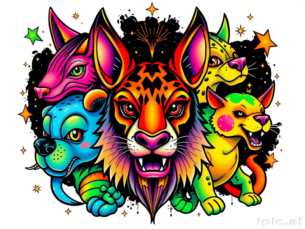Hyper-color new school tattoo titled "Psychedelic Menagerie" featuring exaggerated cartoon-like animal characters in impossibly vibrant hues bold black outlines contain explosive color gradients and patterns creating a visually striking and playful design that pushes the boundaries of traditional tattooing