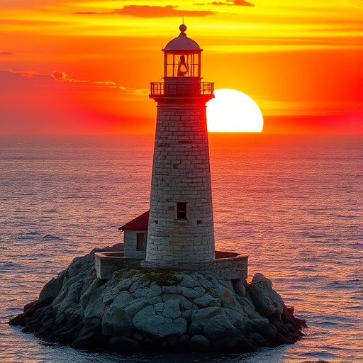 Generate an image of a tall lighthouse perched on a rocky outcrop surrounded by calm ocean waters during a breathtaking sunset. The lighthouse stands sturdy and weathered, its stone surface illuminated by the warm golden light of the setting sun. The sun's rays pass directly through the glass lantern room at the top of the lighthouse, casting a brilliant light across the scene. The sky is painted with vibrant shades of orange, pink, and purple, reflecting off the tranquil sea. The surrounding water shimmers with the same warm hues, creating a serene and majestic atmosphere.