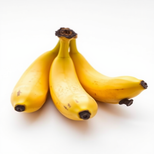 photograph of three ripe bananas on a plain white background, taken with a DSLR camera, 50mm lens, f/2.8 aperture, ISO 100, natural lighting, macro view for enhanced detail
