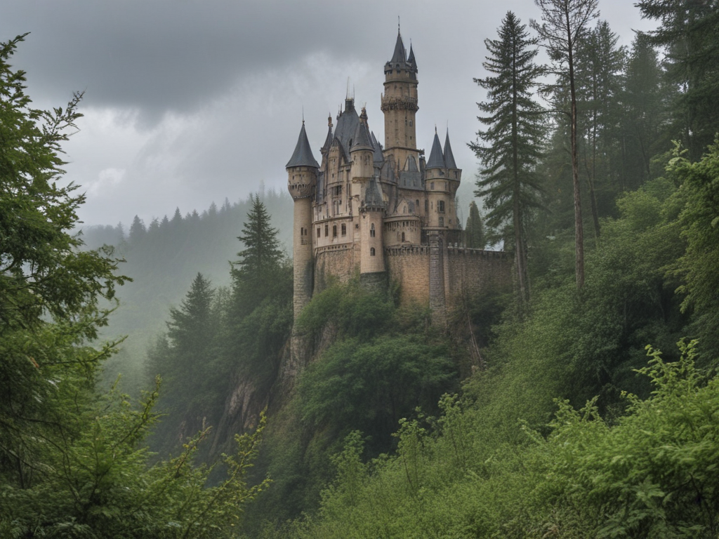 a castle in the rain, in the forest.