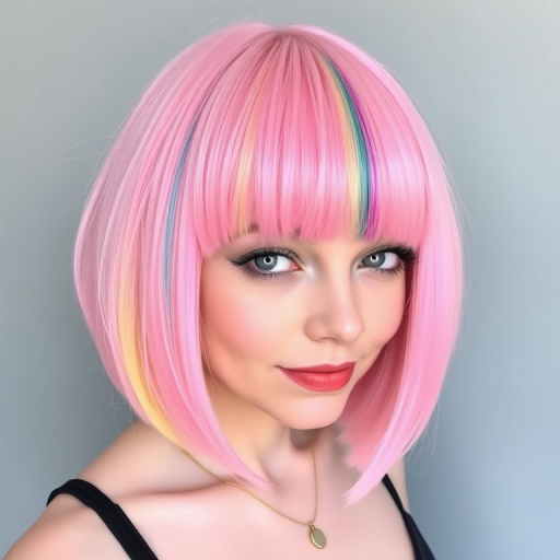 Whimsical pastel pink bob with blunt bangs, incorporating playful rainbow-colored streaks throughout, embodying a fun and youthful aesthetic