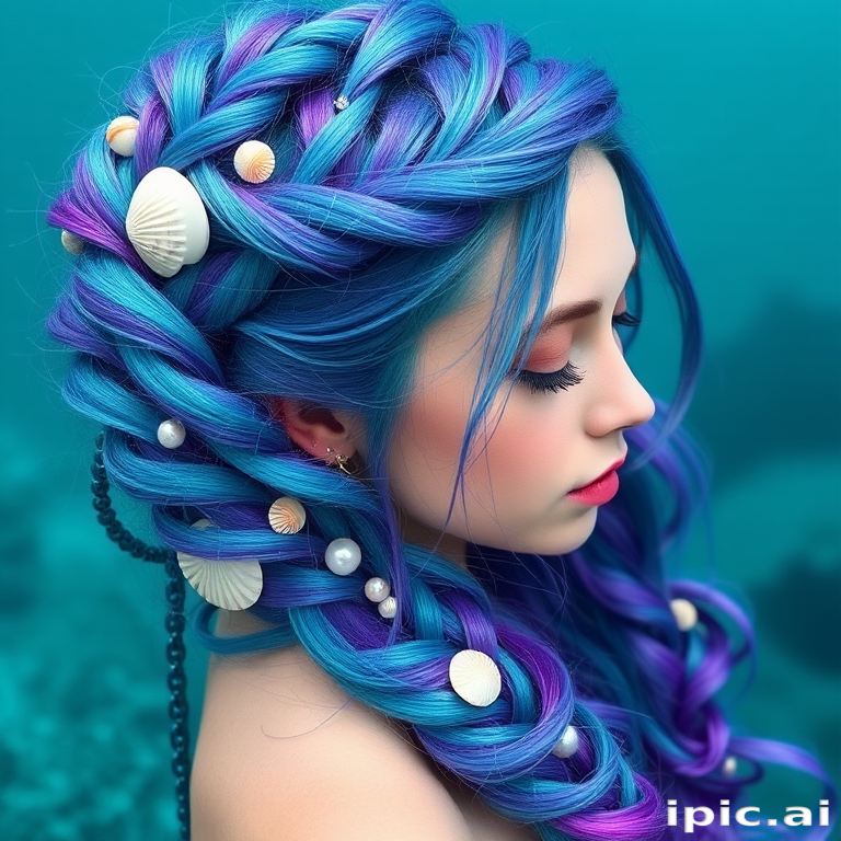 Mesmerizing teal to purple color melt styled in mermaid braids adorned with seashells and pearls, capturing underwater enchantment called Siren's Treasure