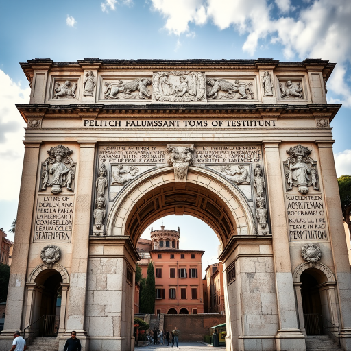 Regenerate an image of the Arch of Titus featuring detailed carvings and inscriptions, captured with a Canon EOS 5D Mark IV, 24mm lens, ISO 100, f/8 aperture, with a frontal view and high dynamic range for enhanced details and clarity.