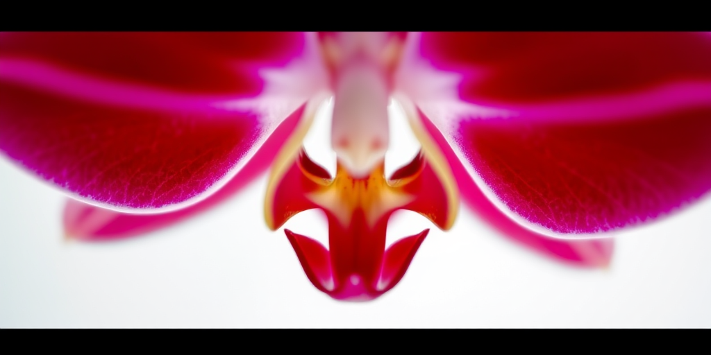 Create an ethereal image of a red orchid with soft, blurred edges on a white background, using a macro lens at f/2.8, 1/125 sec exposure, ISO 100, shot from an overhead angle with a DSLR camera for enhanced depth and detail.