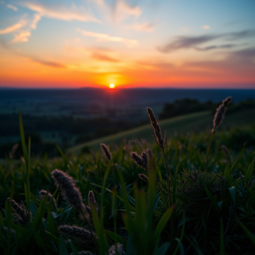 Generate a high-resolution image of a serene landscape at sunset with vibrant colors, using a Canon EOS R5 camera, 24mm lens, f/8 aperture, 1/125 sec shutter speed, and ISO 200, taken from a low-angle view to emphasize the foreground elements and enhance depth.