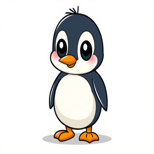Create a simple cartoon penguin illustration with a vibrant orange beak and large round eyes, using a digital drawing tablet, in a high-resolution format with a clean background. Use 50mm lens, f/2.8 aperture, 1/125s shutter speed for sharpness, and a soft light source for even illumination.