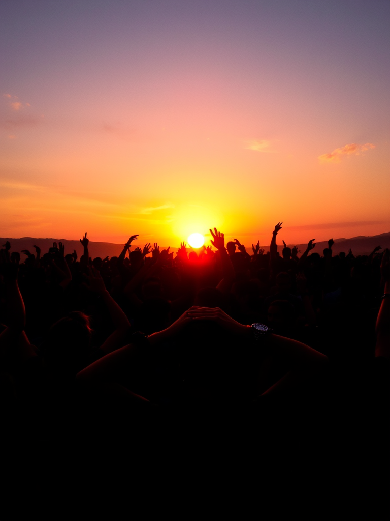 Create a vibrant sunset scene featuring a crowd of silhouetted people celebrating, captured with a DSLR camera at f/2.8 aperture, ISO 100, and a shutter speed of 1/500s from a low angle, using a wide-angle lens for a dynamic perspective.