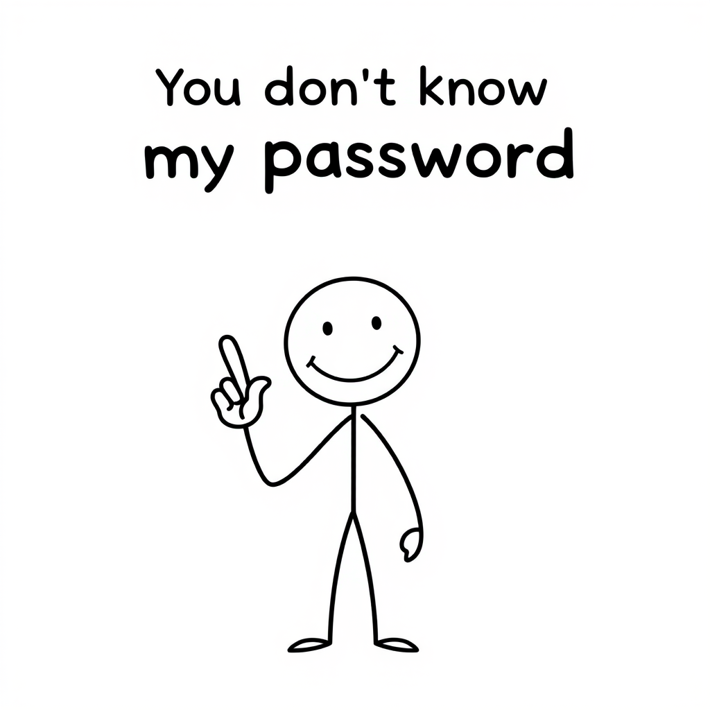 Create an image of a simple cartoon stick figure with a smiley face holding up one hand with a raised finger. The background should be a light color. Add the text You dont know my password in a bold, playful font above the figure.
