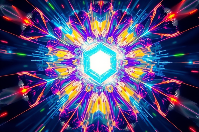 Generate a vibrant abstract fractal image featuring a central glowing cube surrounded by luminous shards and dynamic light trails, captured with a DSLR camera at f/8, 1/60 sec shutter speed, ISO 100, using a wide-angle lens from a low angle perspective to emphasize depth and clarity.