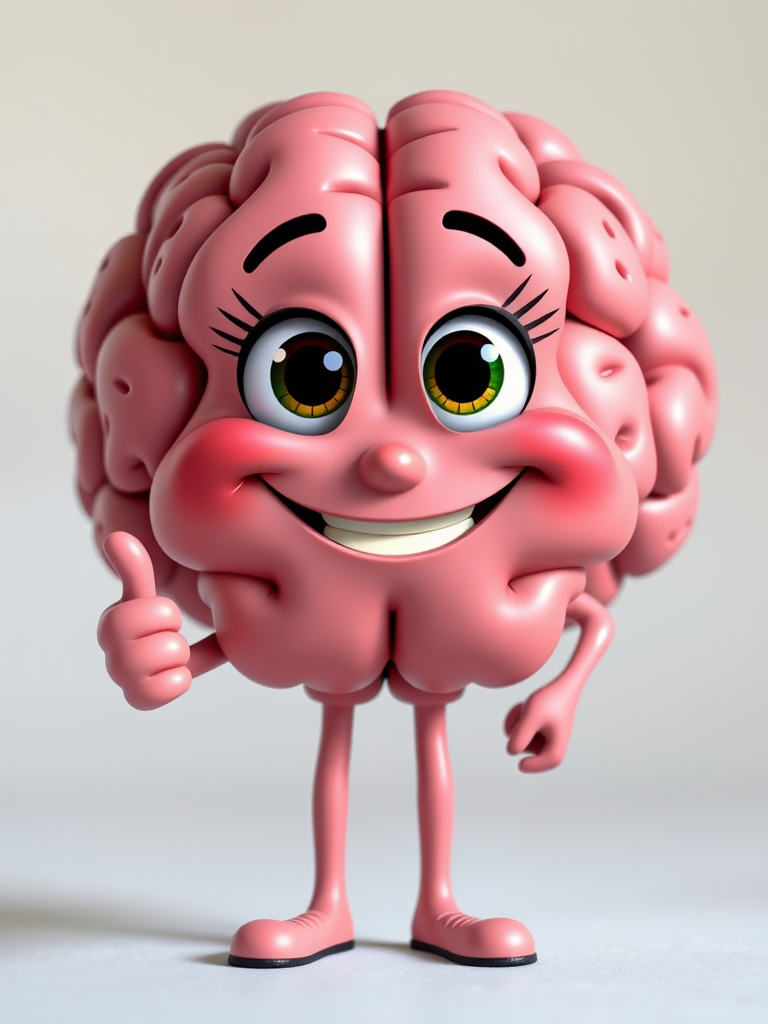 A cheerful cartoon brain character with expressive eyes and a big smile, giving a thumbs up, standing in a playful pose, shot with a DSLR camera, 50mm lens, f/1.8 aperture, ISO 100, natural lighting, slightly blurred background for emphasis on the character.