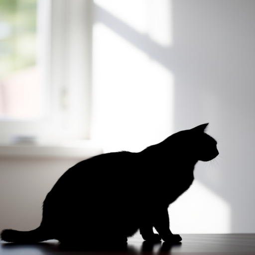 Create an abstract black silhouette of a cat in a minimalist style, captured with a DSLR camera at f/2.8 aperture, 50mm lens, in natural light from a side window, using a shallow depth of field for a soft background blur.