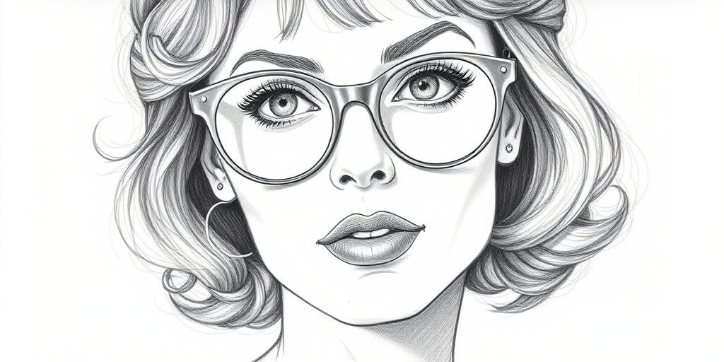 Beautiful Sigourney Weaver, pencil sketch, portrait of beautiful woman 60s in glasses, hair style beatnik, outline, clear lines, fine lines, 8k