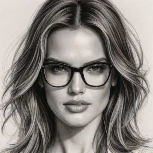 Resplendent Alessandra Ambrosio, pencil sketch, portrait of Wonderful woman 1923s in glasses, hair style beatnik, outline, clear lines, fine lines, 8k