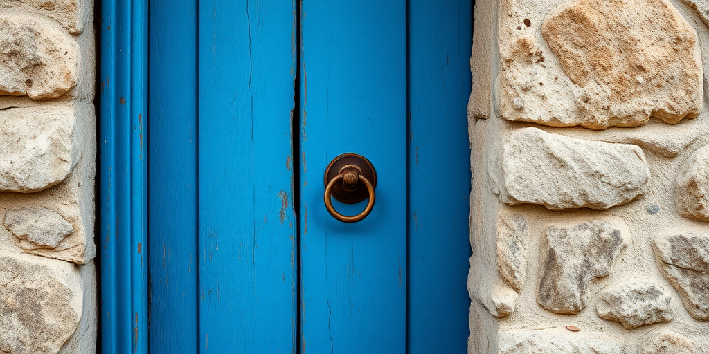 Photograph a weathered blue door with a rustic bronze knocker set in an aged stone wall, using a DSLR camera at f/8, ISO 200, 1/125s, 50mm lens, natural light, and a shallow depth of field to accentuate the textures.