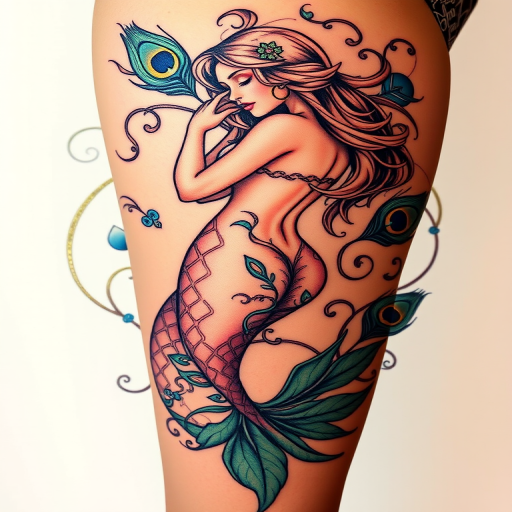 Art nouveau-inspired tattoo titled "Mermaid's Reverie" depicting a sultry mermaid entwined with sinuous seaweed and ornate scrollwork, incorporating peacock feather motifs and iridescent color effects, perfect for thigh, side body, or full back placement