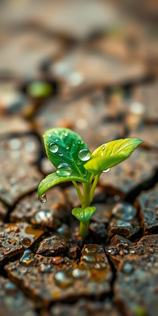 Create a vibrant illustration of a green plant sprouting from cracked ground with water droplets on its leaves, using a soft focus effect; camera settings: f/4, ISO 100, shutter speed 1/200; camera view: close-up; camera style: digital art; camera type: DSLR.