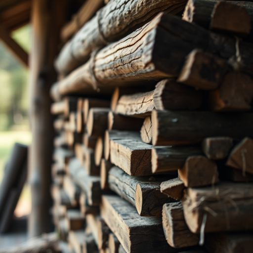 Capture a close-up of a rustic wooden structure stacked with firewood, with soft natural lighting, using a DSLR camera, f/4 aperture, ISO 100, 35mm lens, and a shallow depth of field to enhance texture and detail.