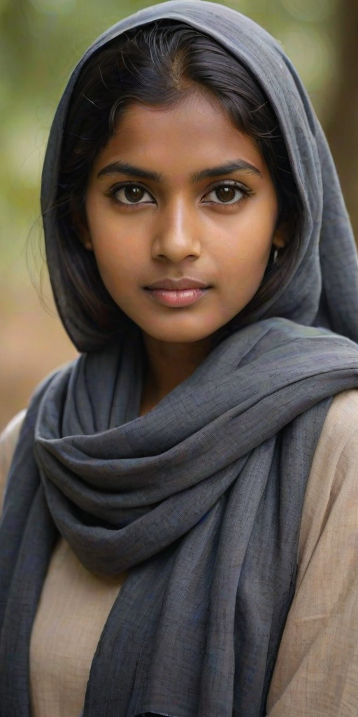 Create a portrait of a young Sri Lankan woman with long, dark hair and captivating hazel eyes. She is wearing a dark headscarf and a matching scarf draped gracefully around her neck. The background is softly blurred, focusing attention on her serene and natural expression. The overall color palette is muted and warm, enhancing the intimate and authentic feel of the portrait.
