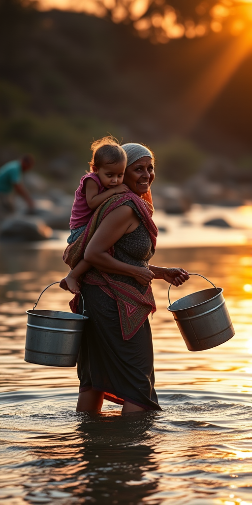 a woman carrying a child on her back while holding two metal buckets in a river at sunrise, soft golden light illuminating the scene, shallow depth of field, 50mm lens, f/1.8 aperture, ISO 200, shutter speed 1/200 sec, natural light, captured with a full-frame DSLR camera