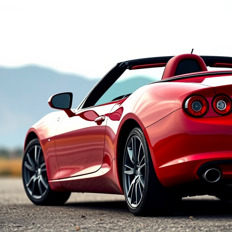 Create a high-resolution vector image of a red convertible sports car in profile view, using a digital camera with a 50mm lens, aperture f/8, ISO 100, shot from eye level, with a soft-focus background for depth.