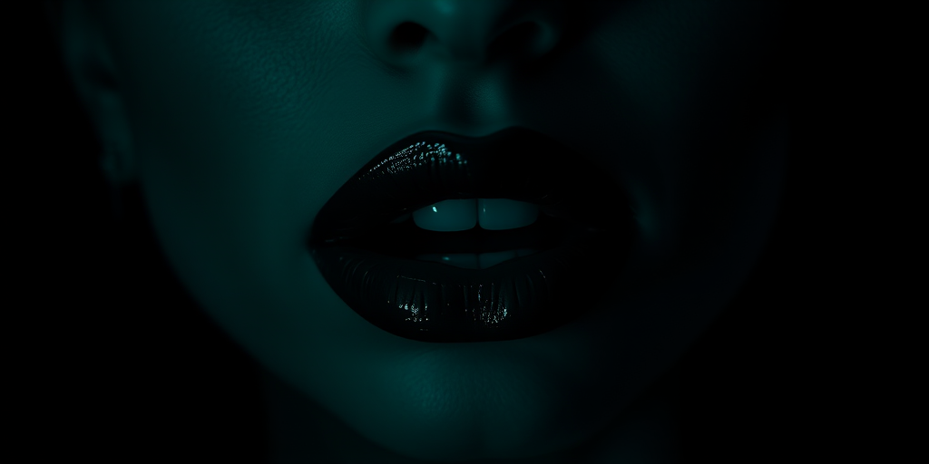 Mysterious dark emerald lips with a glossy sheen, showcasing rich jewel tones and depth, captured in a moody and atmospheric night-time portrait