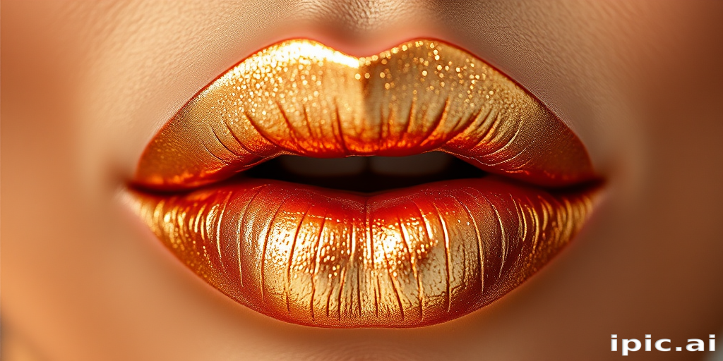 Elegant capture of champagne gold lips with a metallic finish, emphasizing luxurious sheen and light-catching properties in soft lighting