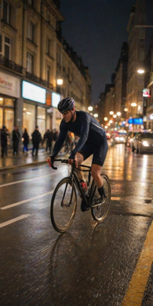 Blurry action shot of a cyclist speeding down a city street at twilight, soft street lights reflecting off wet pavement, with buildings and pedestrians blurred in the background.