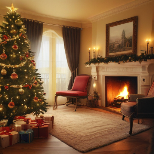 Cozy Christmas Living Room with a Beautifully Decorated Tree and Fireplace