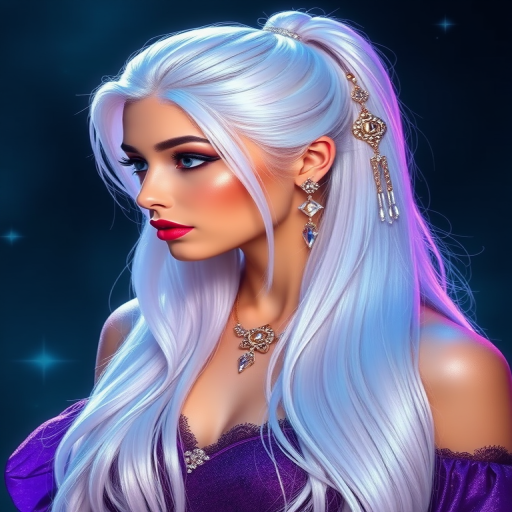 Mystical portrait reveals Moonstone Shimmer long hair, pearlescent white base with iridescent blue and purple undertones, styled in a sleek high ponytail with crystal-embellished accessories