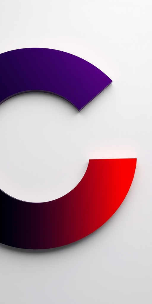 Create a high-resolution digital rendering of a stylized letter "C" with a gradient from dark purple to red, using a Canon EOS R5 camera at f/2.8, ISO 100, and a 50mm lens, in an overhead view with soft lighting to enhance colors and details.