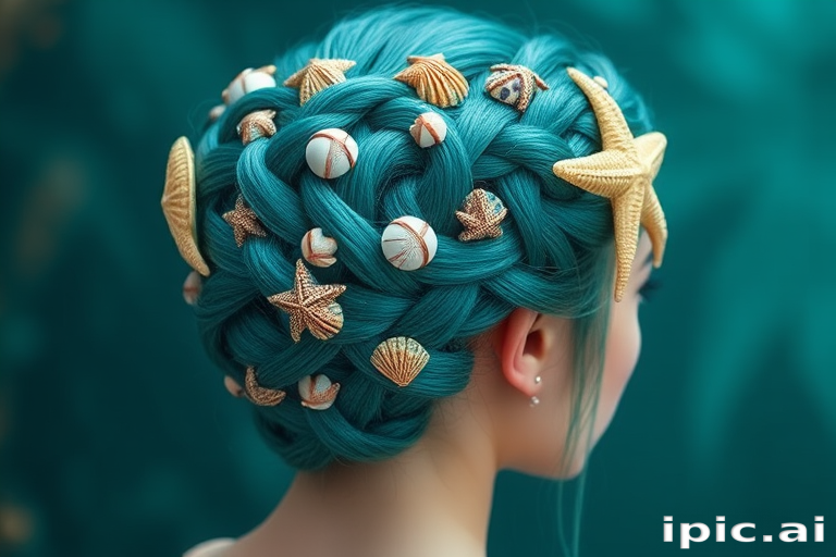Majestic teal mermaid braid called Oceanic Crown incorporating an elaborate five-strand plait adorned with iridescent seashells and starfish-shaped hair clips for a regal underwater-inspired look