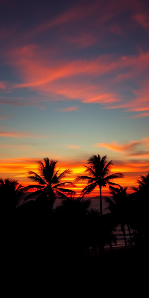 vibrant sunset over the ocean with silhouetted palm trees in the foreground, warm colors blending in the sky, HDR photograph, 50mm lens, f/8 aperture, ISO 100, shot at golden hour, wide angle view, digital camera