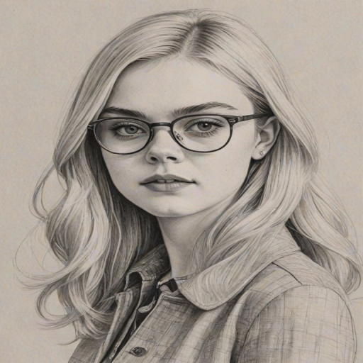 Lovely Elle Fanning, pencil sketch, portrait of Dazzling woman 1960s in glasses, hair style beatnik, outline, clear lines, fine lines, 8k