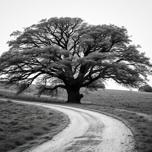 Capture a high-resolution black and white image of a large tree at the end of a winding dirt path, using a DSLR camera with a 50mm lens, aperture set to f/8 for depth of field, ISO at 200 for clarity, and a slight vignette effect for emphasis on the tree.