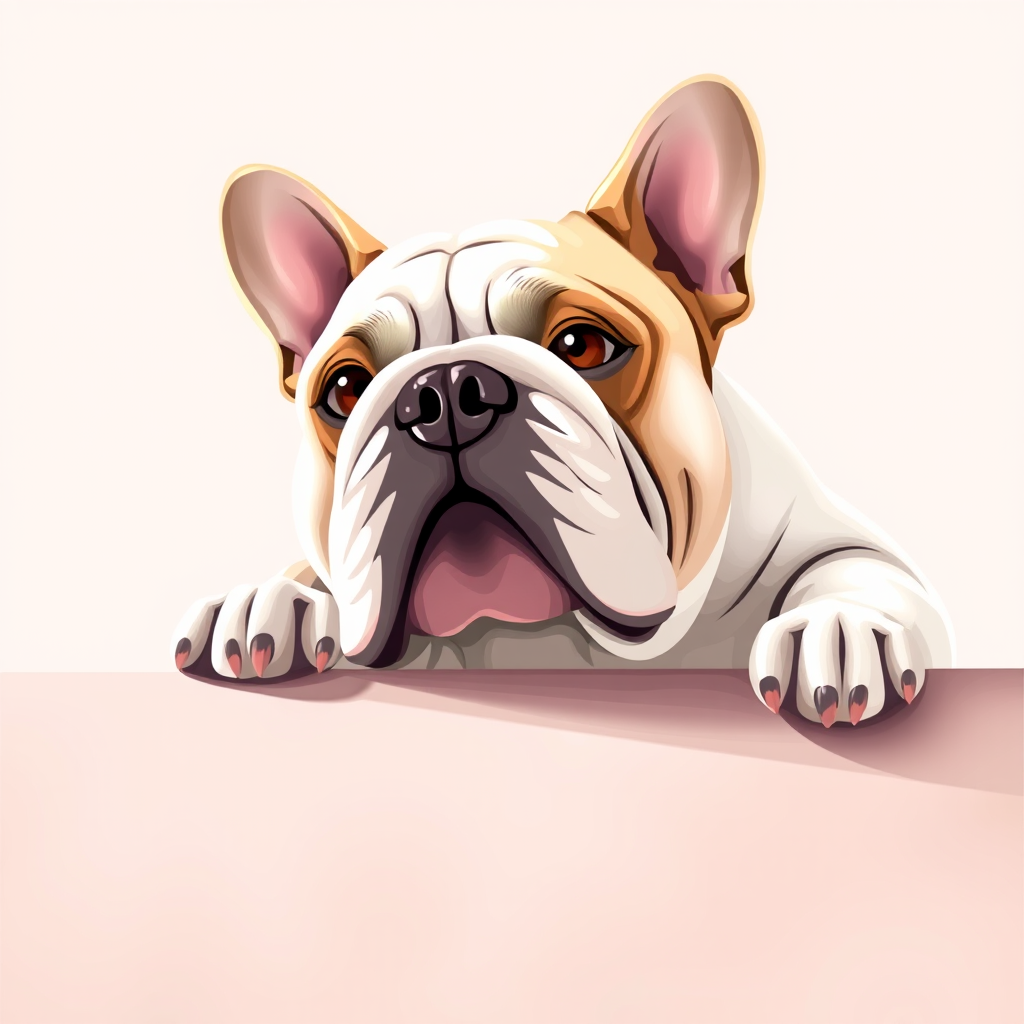Create a digital illustration of a bulldog leaning over a table, featuring a minimalist background with soft pastel colors, shot in high resolution at 50mm focal length, f/4 aperture, and optimal lighting for clear details and smooth textures.