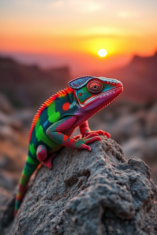 A vibrant, colorful chameleon perched on a textured rock with a stunning sunset landscape in the background, captured using a DSLR camera with a 50mm lens at f/1.8, ISO 200, 1/200 sec, with a shallow depth of field to emphasize the details of the chameleon and blur the background.