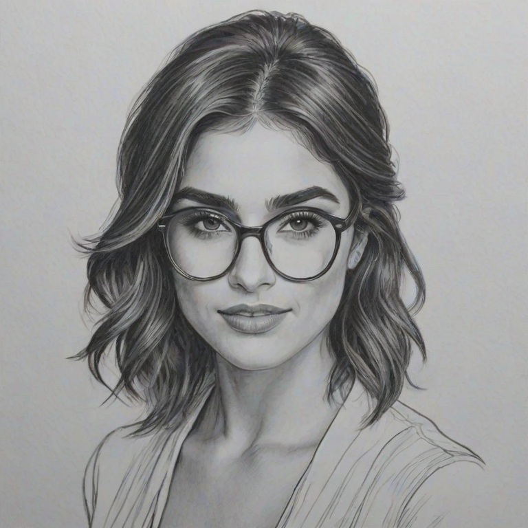Radiant Nikki Reed, pencil sketch, portrait of Stunning woman 1959s in glasses, hair style beatnik, outline, clear lines, fine lines, 8k