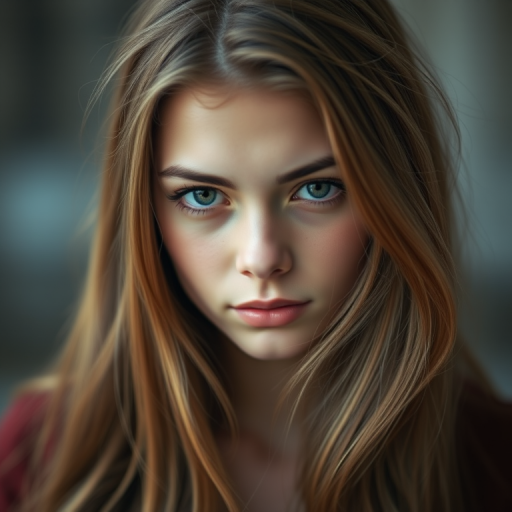 portrait of a young woman with long hair and soft features, focus on facial expression and intricate details, DSLR camera, 50mm lens, aperture f/1.8, ISO 200, natural light, shallow depth of field, soft bokeh background