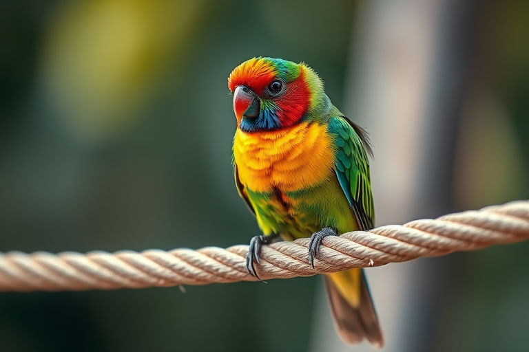 capture a vibrant bird perched on a rope with a shallow depth of field, 85mm lens, f/2.8 aperture, ISO 200, soft natural light, DSLR camera, close-up view, focus on the bird's details and colors