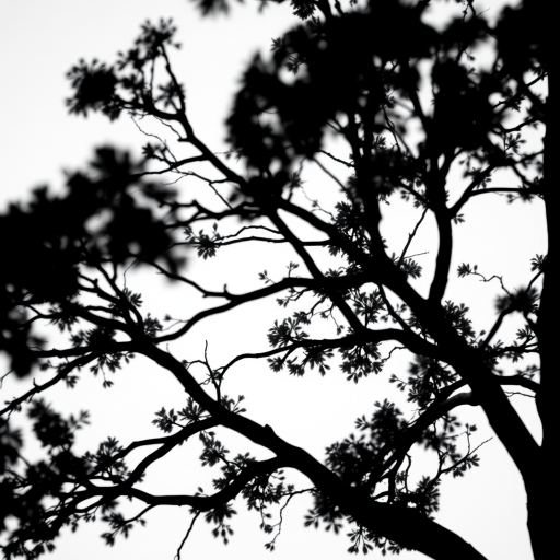 Create a high-resolution image of a minimalist black silhouette of a tree against a soft white background, captured with a DSLR camera at f/2.8 aperture, 1/125 shutter speed, ISO 100, using a 50mm lens from a low angle for a dramatic effect.