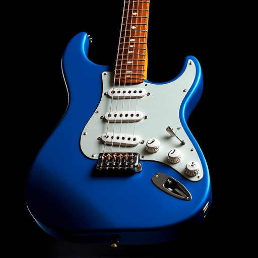 Generate an illustration of an electric guitar with a vivid blue body, detailed components, and a focus on the neck and headstock, using a DSLR camera with a 50mm lens, aperture f/2.8, ISO 100, and a bright studio lighting setup for high clarity and vibrant colors.
