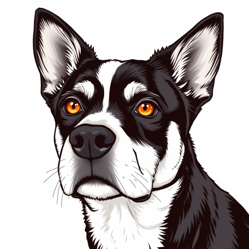 Create a detailed illustration of a black and white dog with striking amber eyes. The dog's face should be prominent and expressive, featuring a mix of fur textures. The background should be a soft, neutral color to enhance the dog's features. The overall style should be bold and graphic, emphasizing the dog's unique characteristics.