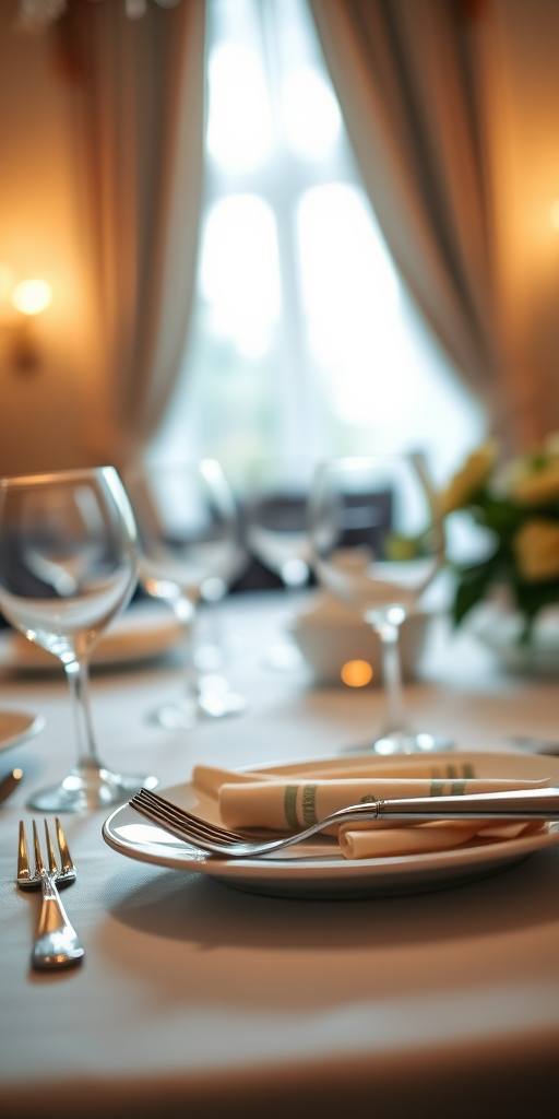 still life of an elegantly set dinner table with a focused, warm light from a lamp, featuring a plate with neatly arranged silverware and glassware, aperture f/1.8, shutter speed 1/60s, ISO 400, taken with a DSLR camera in a shallow depth of field to enhance details and create a cozy atmosphere.