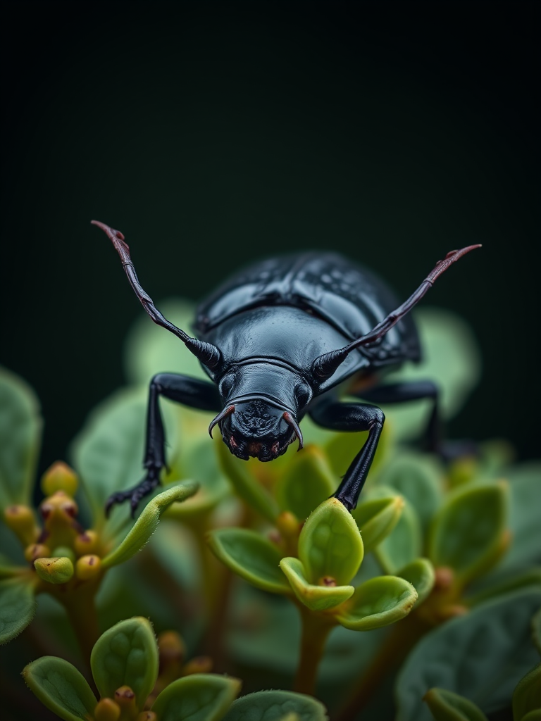 macro shot of a rhinoceros beetle on green foliage with a blurred dark background, aperture f/8, ISO 100, shutter speed 1/200s, 100mm lens, natural light, DSLR camera