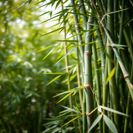 Generate a high-resolution image of lush green bamboo with a focus on detail and texture, using a DSLR camera with a 50mm lens, aperture set to f/2.8 for a shallow depth of field, ISO 200, and natural lighting to enhance the vibrant colors and clarity.
