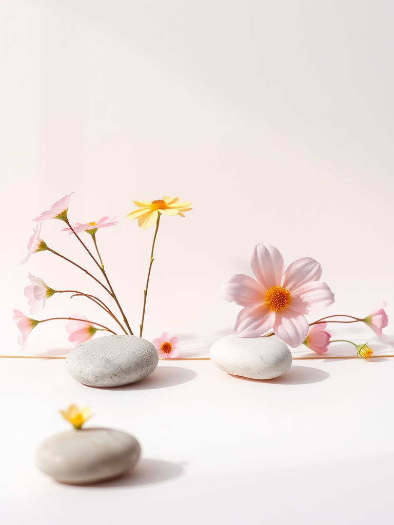 Generate a minimalist floral and stone composition with soft pastel colors, featuring stylized flowers and smooth stones arranged neatly behind delicate lines, in a bright, well-lit setting, using a DSLR camera, 50mm lens, f/1.8 aperture, ISO 200, and soft natural light to enhance details and colors.